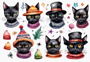 black cat with a funny hat and sweater tattoo idea