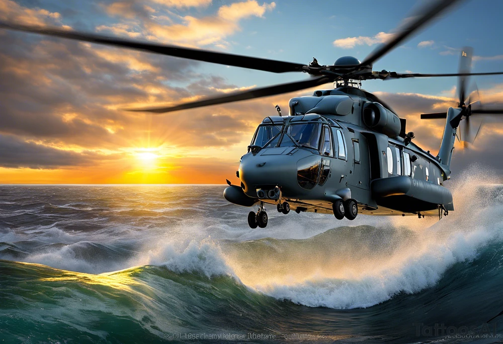 Canadian military grey CH-148 Cyclone helicopter soaring low over rough, ocean waves. The sun is setting, casting a dramatic glow on the scene with realistic clouds and a specular reflection of the helicopter on the water. The helicopter should be the main focus, with intricate details and a sense of motion. In the background, a poppy be prominently displayed tattoo idea