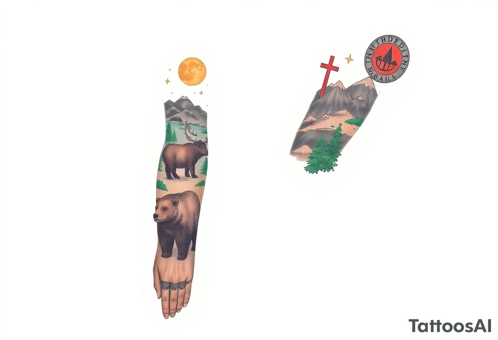 A full-sleeve with the Härjedalen landscape, reindeer, bear, lakes, mountains (Helags), cross and Härjedalen's coat of arms on the hand tattoo idea