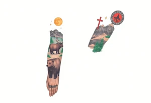 A full-sleeve with the Härjedalen landscape, reindeer, bear, lakes, mountains (Helags), cross and Härjedalen's coat of arms on the hand tattoo idea