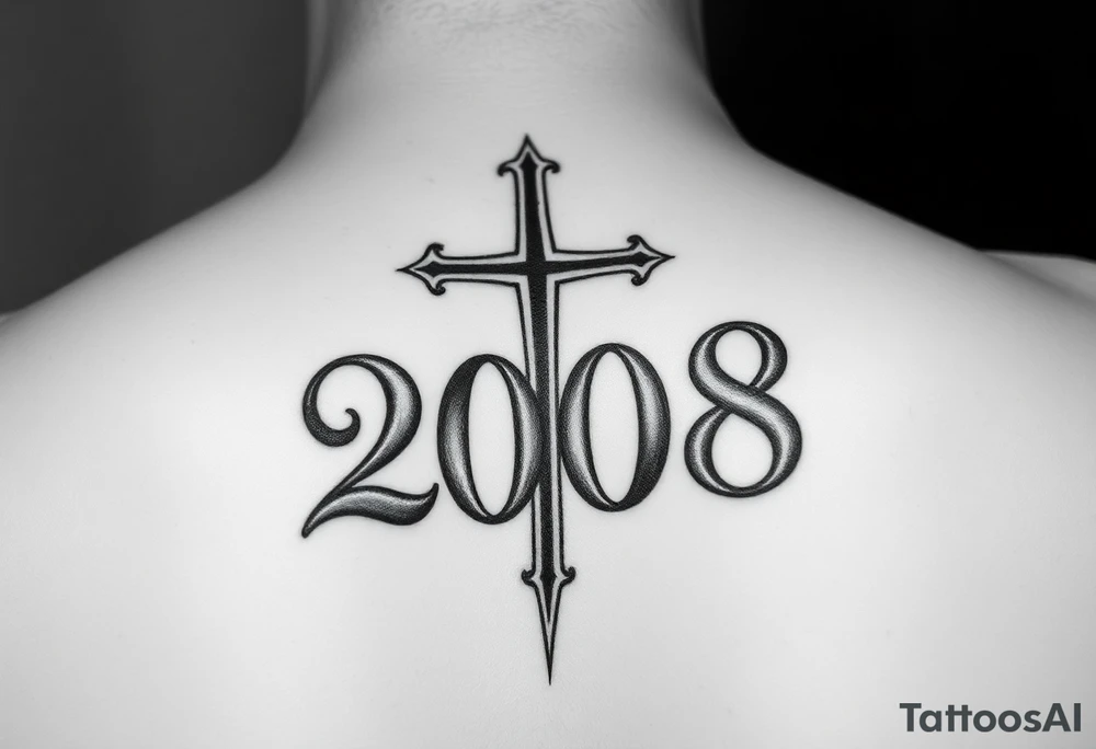 the year 2008 written in font gong down my leg with a cross behind the year tattoo idea