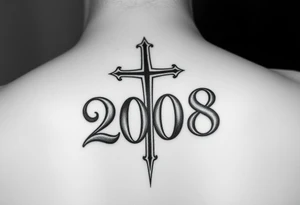 the year 2008 written in font gong down my leg with a cross behind the year tattoo idea