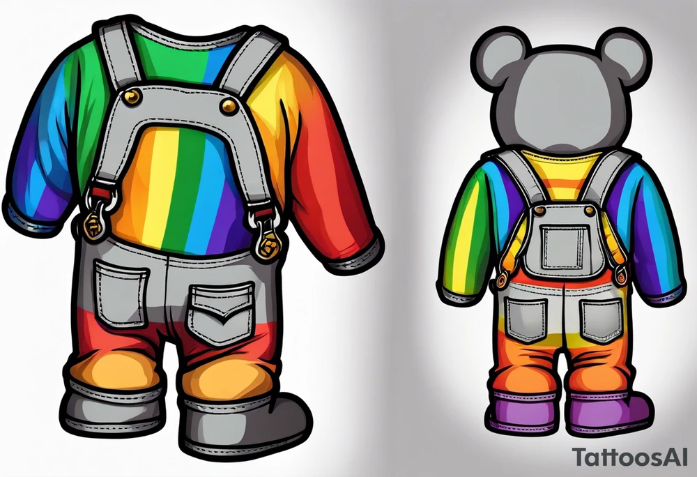 the back of a grey teddy bear standing in rainbow overalls, no shirt and striped boots tattoo idea