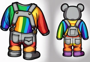 the back of a grey teddy bear standing in rainbow overalls, no shirt and striped boots tattoo idea