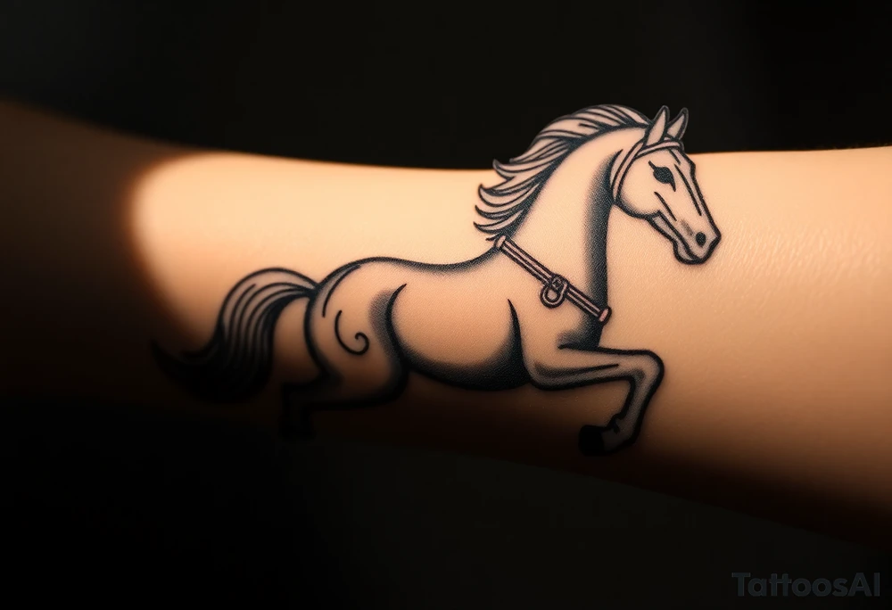 a knight of chess piece. it doesnt have legs, it's a chess piece. The knight piece is depicted in motion, slightly tilted forward as if it's charging or coming out of the shadows. The knight’s face is detailed but with a focus on the horse's strong features: its mane flowing in the wind, and the body etched with intricate details to represent strength and agility. The knight is emerging from a shadow, with the front part of the body illuminated in soft, warm light. The shadowed portions near the back and tail create a mystical aura. tattoo idea