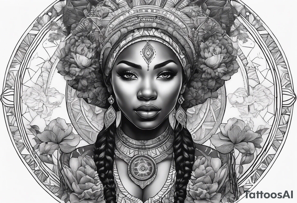 Black woman, enlightenment, wisdom, astronomy, cancer zodiac, natural, full arm tattoo idea