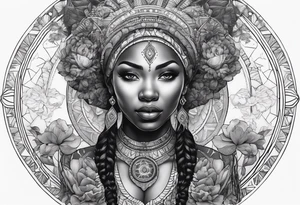 Black woman, enlightenment, wisdom, astronomy, cancer zodiac, natural, full arm tattoo idea