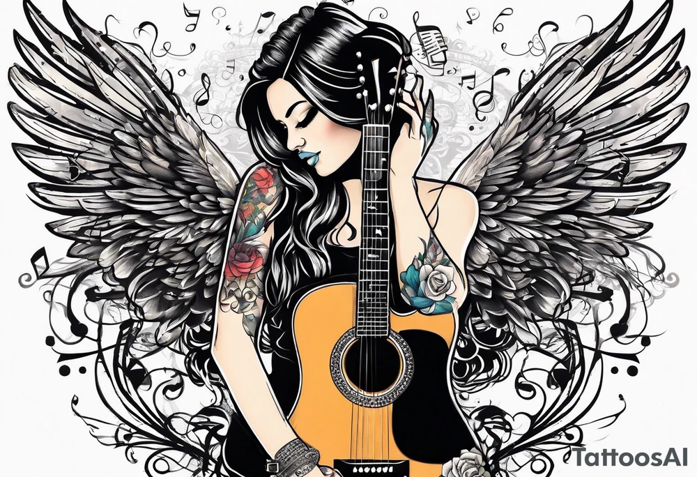 Microphone and musical notes and guitar and wings and female tattoo idea