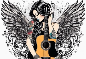 Microphone and musical notes and guitar and wings and female tattoo idea