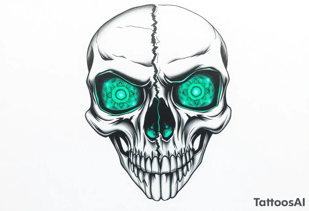 Close-up of a fractured skull with two luminous emerald eyes. tattoo idea