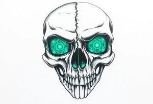 Close-up of a fractured skull with two luminous emerald eyes. tattoo idea