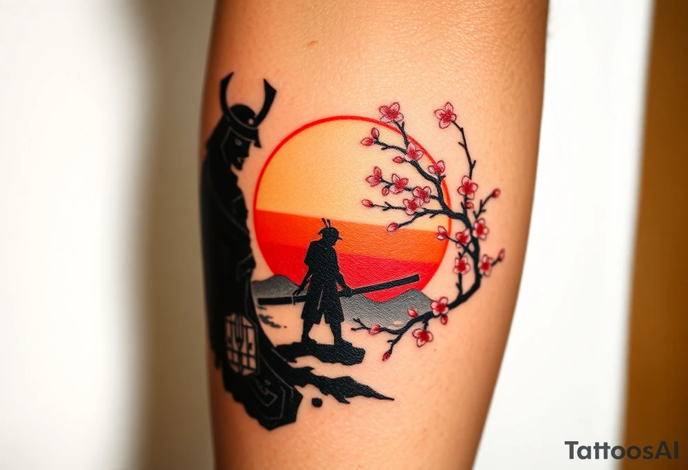 noble samurai warrior silhouette at sunset with cherry blossoms tattoo idea