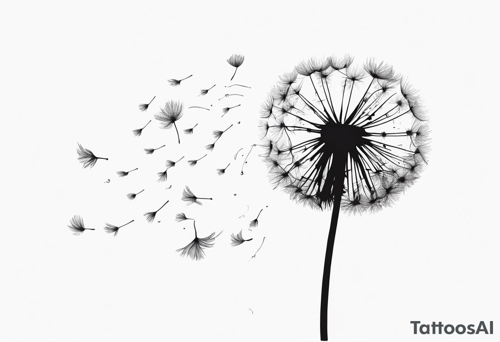 Dandelion with its ligules blowing away, a few legs are tiny hearts, the girls turn into a little bird, flying away to its future tattoo idea