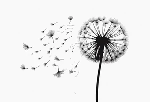 Dandelion with its ligules blowing away, a few legs are tiny hearts, the girls turn into a little bird, flying away to its future tattoo idea
