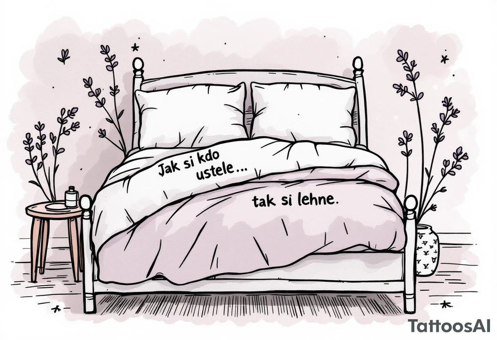 "Jak si kdo ustele, tak si lehne." — A cozy bed drawn in fine black linework, surrounded by delicate lavender accents and the quote on a pillow tag. tattoo idea