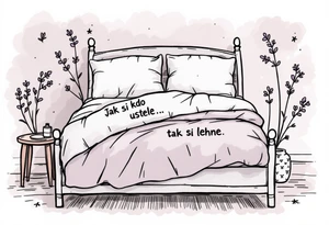 "Jak si kdo ustele, tak si lehne." — A cozy bed drawn in fine black linework, surrounded by delicate lavender accents and the quote on a pillow tag. tattoo idea