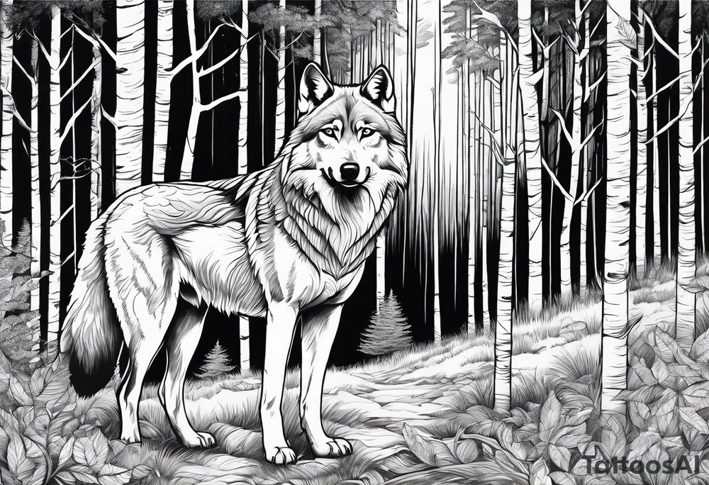Forest with a wolf stalking tattoo idea