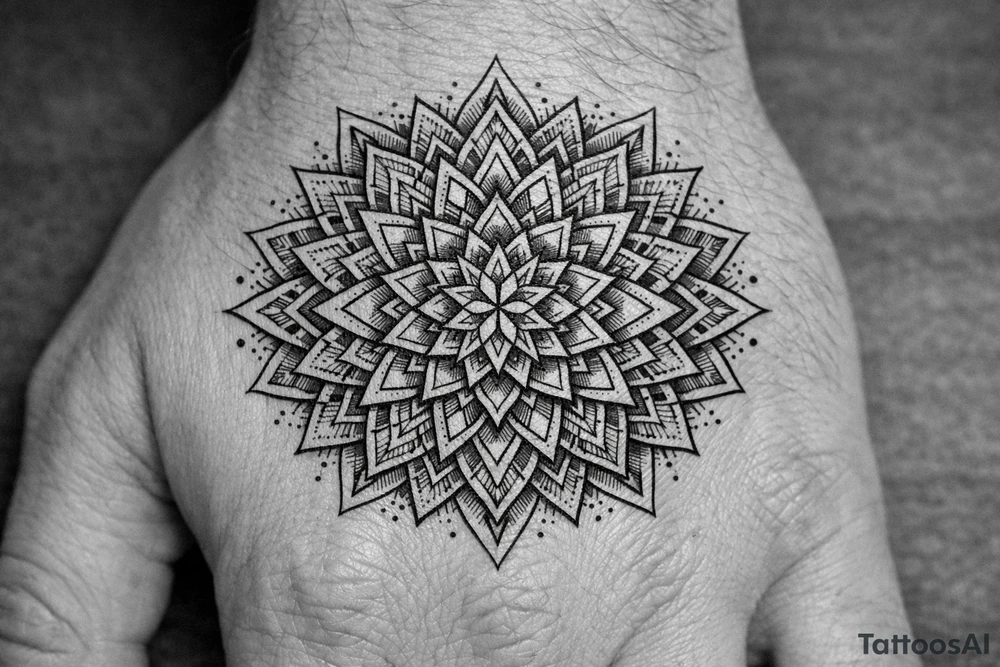 Geometric mandala extension — continuing an existing hand mandala outward with linework petals, sacred-geometry fillers and dotwork shading into the empty skin., Blackwork / geometric dotwork, fine linework, symmetrical mandala style tattoo idea