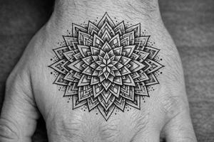 Geometric mandala extension — continuing an existing hand mandala outward with linework petals, sacred-geometry fillers and dotwork shading into the empty skin., Blackwork / geometric dotwork, fine linework, symmetrical mandala style tattoo idea