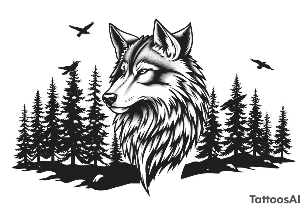 Wolf head surrounded by large pine trees growing from black ground and very small ravens flying overhead tattoo idea