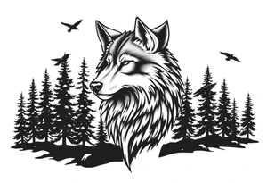 Wolf head surrounded by large pine trees growing from black ground and very small ravens flying overhead tattoo idea