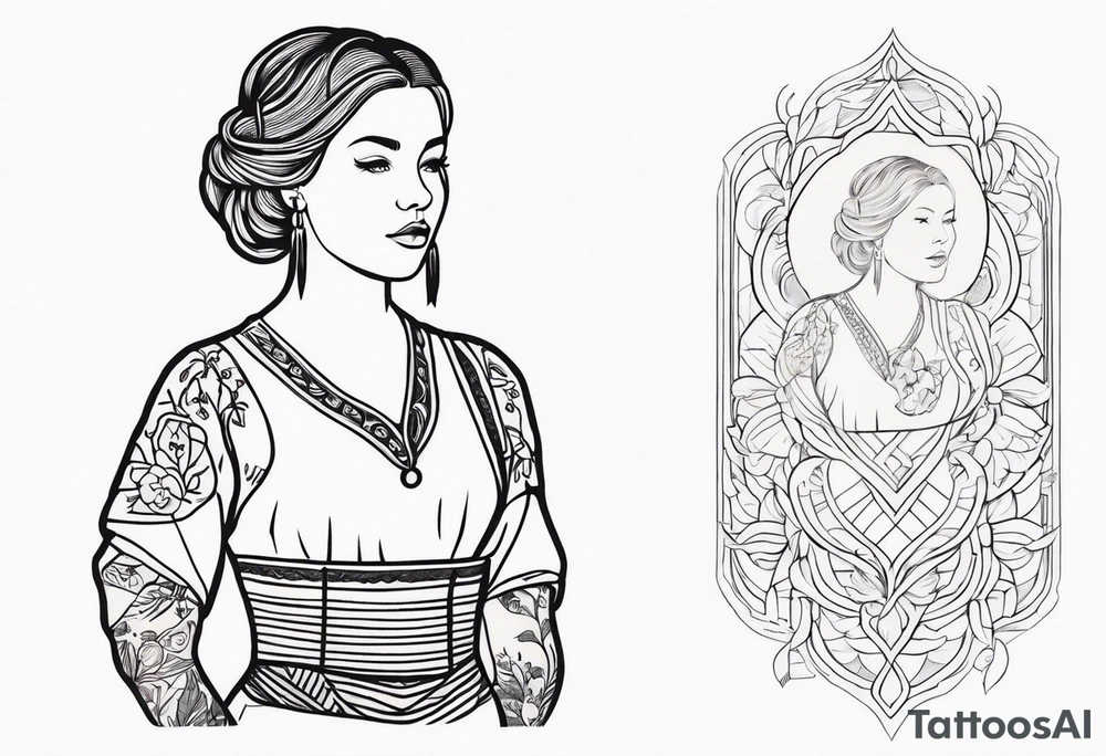A tattoo design of a girl in the Norwegian national dress. Linework only, full body tattoo idea