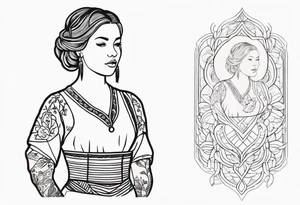 A tattoo design of a girl in the Norwegian national dress. Linework only, full body tattoo idea