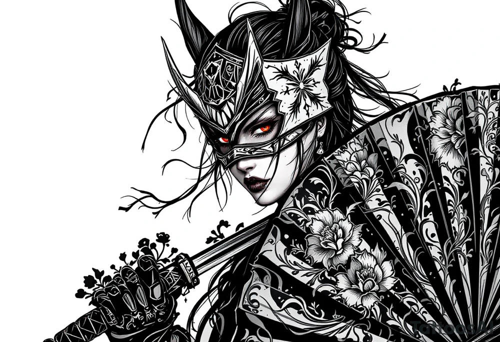 Woman samurai with red eyes wearing an half and broken kitsune mask, holding katana and japanese fan with Iris flowers tattoo idea