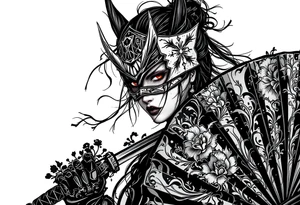 Woman samurai with red eyes wearing an half and broken kitsune mask, holding katana and japanese fan with Iris flowers tattoo idea