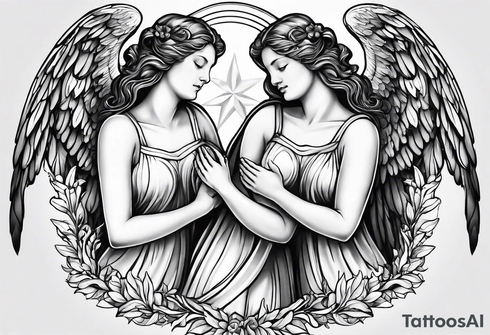 three angels holding hands, no color, realistic inside of bicep tattoo idea