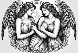 three angels holding hands, no color, realistic inside of bicep tattoo idea