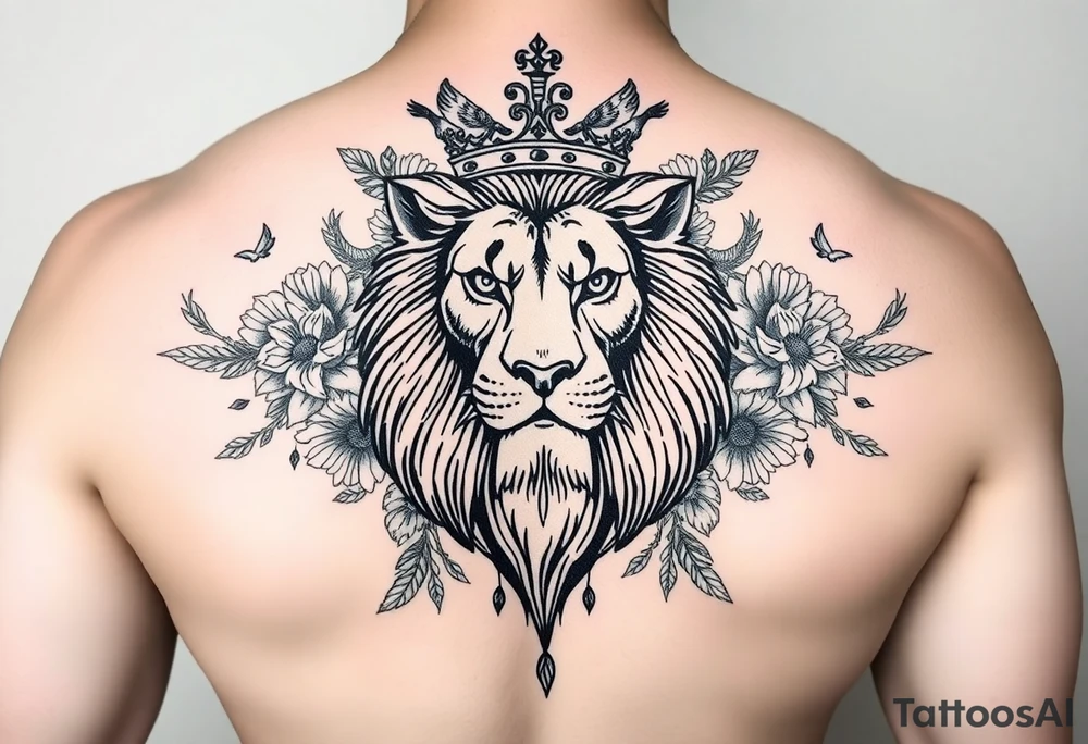 powerful majestic lion with a crown, surrounded by floral ornaments and birds tattoo idea