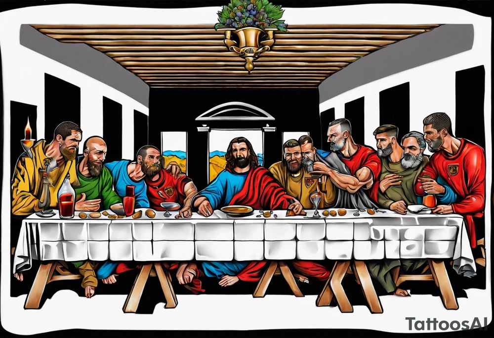 Rooney, Ronaldo, Best, Charlton, Cantona and Rashford at the Last Supper tattoo idea