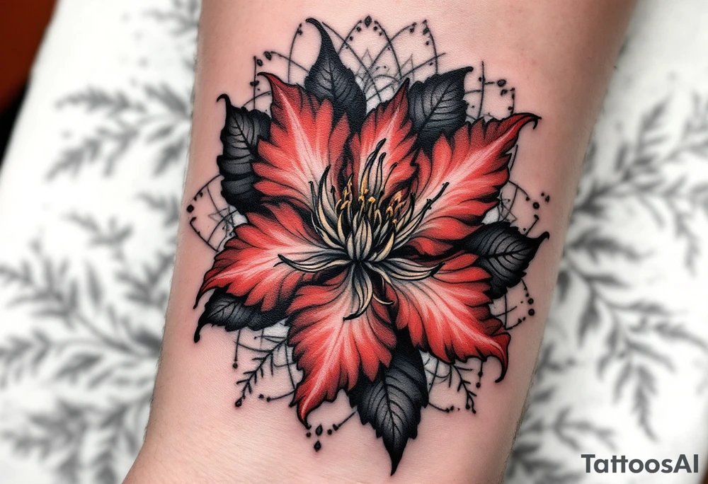 red  and black rhododendron trippy with mandala behind tattoo idea
