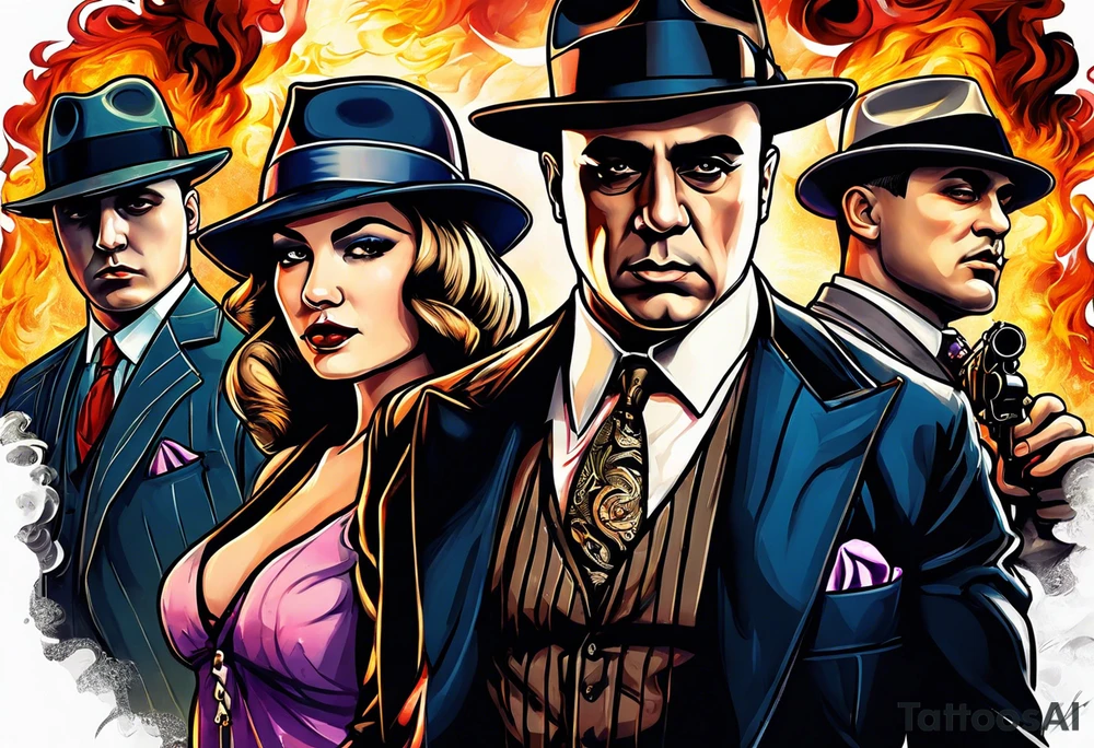 group of gangsters  with bonnie & clyde with Al Capone and machine gunns with smoke and fire and sexy females tattoo idea