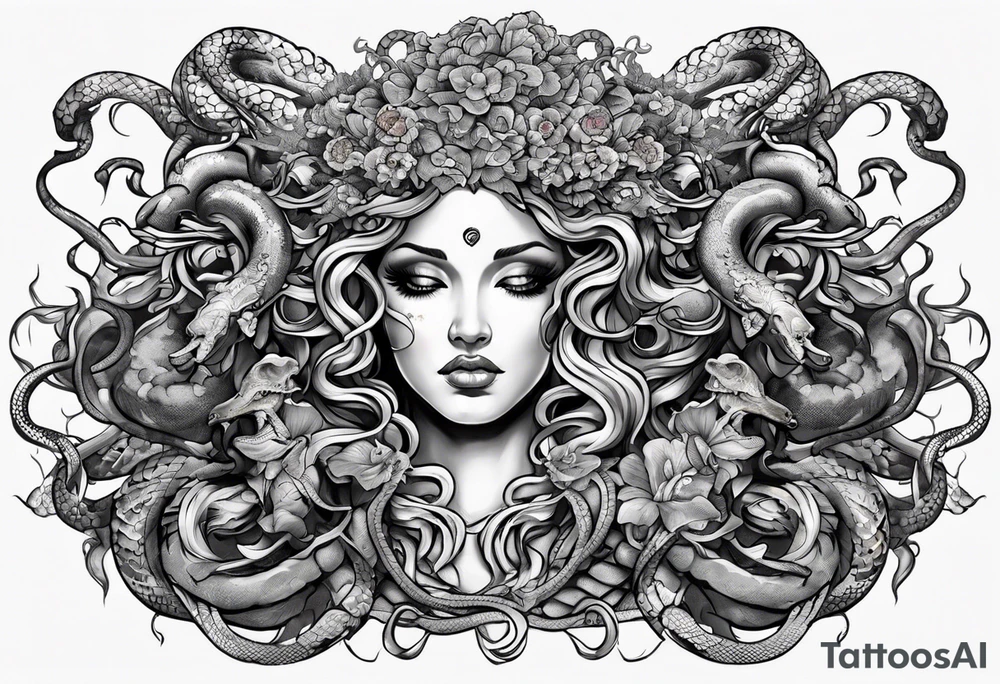 Neo traditional Medusa heads with snakes, pile of skulls tattoo idea