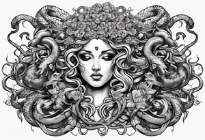 Neo traditional Medusa heads with snakes, pile of skulls tattoo idea