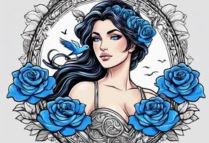 Aphrodite is the goddess of love, with a seaside background, surrounded by birds.. blue roses frames, background blue,present it in a tattoo, black hair, love motives tattoo idea