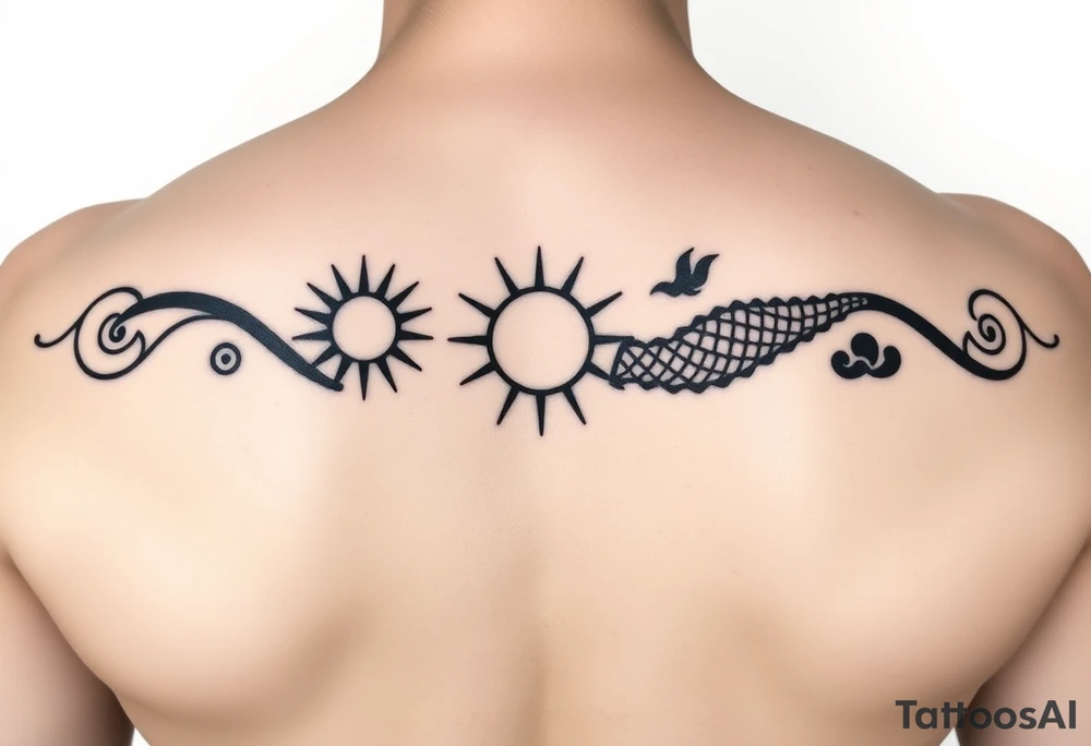 "Minimalist black tattoo band, fusion of Polynesian and Chinese styles. Greek meander base with:  
- ☀️ Simple sun (circle + 4 rays)  
- 🐉 Stylized dragon (zigzag line)  

Rules:  
- Only black ink, no shading  
- Symbols integrated into meander line  
- Seamless loop for forearm wrap  
- No small details, bold lines" tattoo idea
