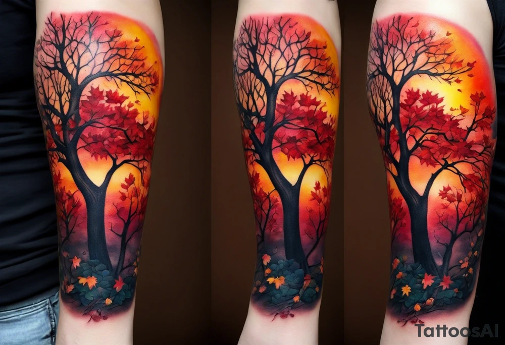 Arm tattoo. Long tattoo. Full sleeve. Shoulder. A maple tree with red autumn leaves that branches upwards. White-throated dipper bird on the trees branches. Calluna flowers at the base of the trees stem. Tree stem has dark colors. Red/yellow sunset behind the trees stem. Leaves falling. tattoo idea