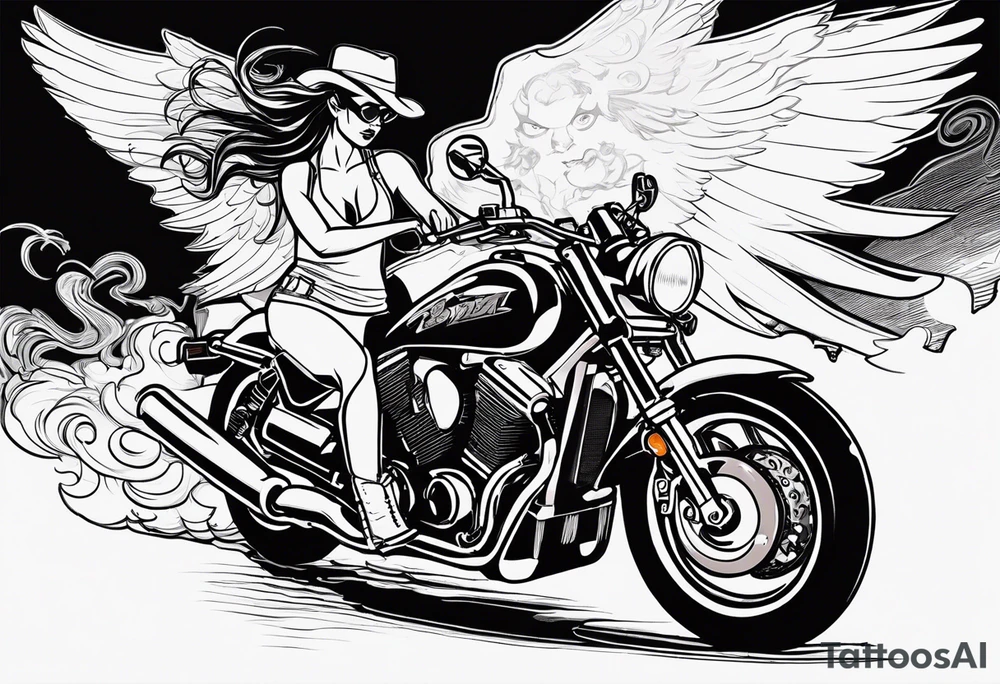 Sexy, feminine, gangster girl hoding a 32 cal. Tomcat in 1 hand & lighting a cig w the other angel/devil, riding a cbr600rr silver, mason symbol, "cowboy up" handwriting, tattoo idea