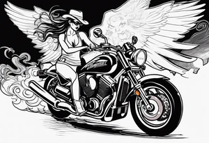 Sexy, feminine, gangster girl hoding a 32 cal. Tomcat in 1 hand & lighting a cig w the other angel/devil, riding a cbr600rr silver, mason symbol, "cowboy up" handwriting, tattoo idea