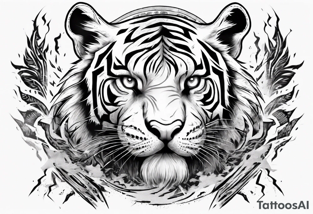 Ancient tiger with lightning and a sun for a forearm sleeve. With patterns surrounding it tattoo idea