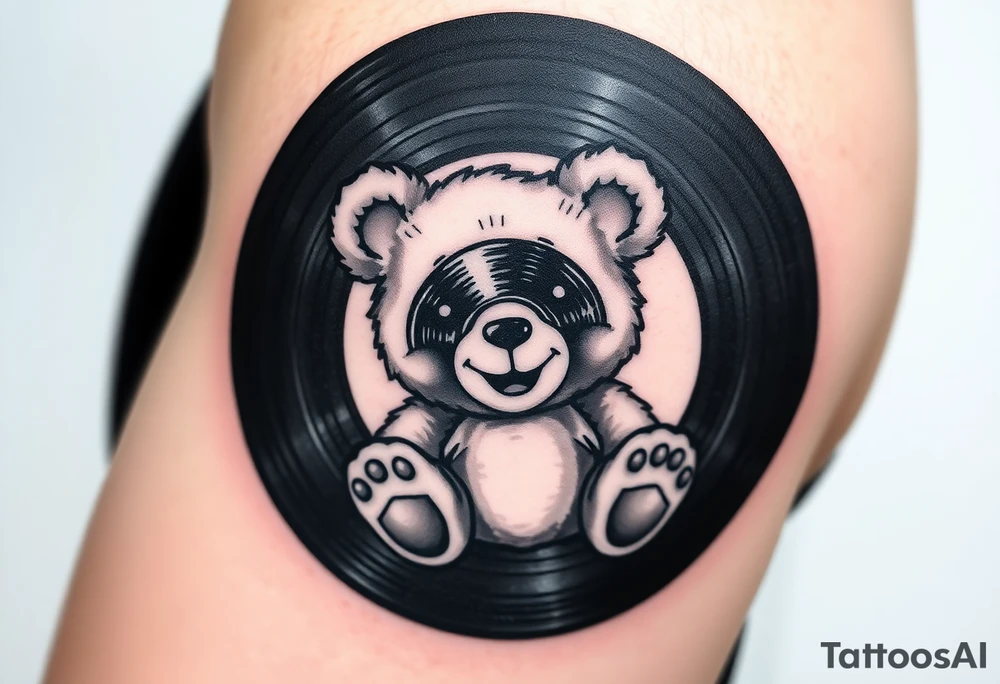 minimalist teddy bear with vinyl records as eyes smiling and sitting on a record tattoo idea