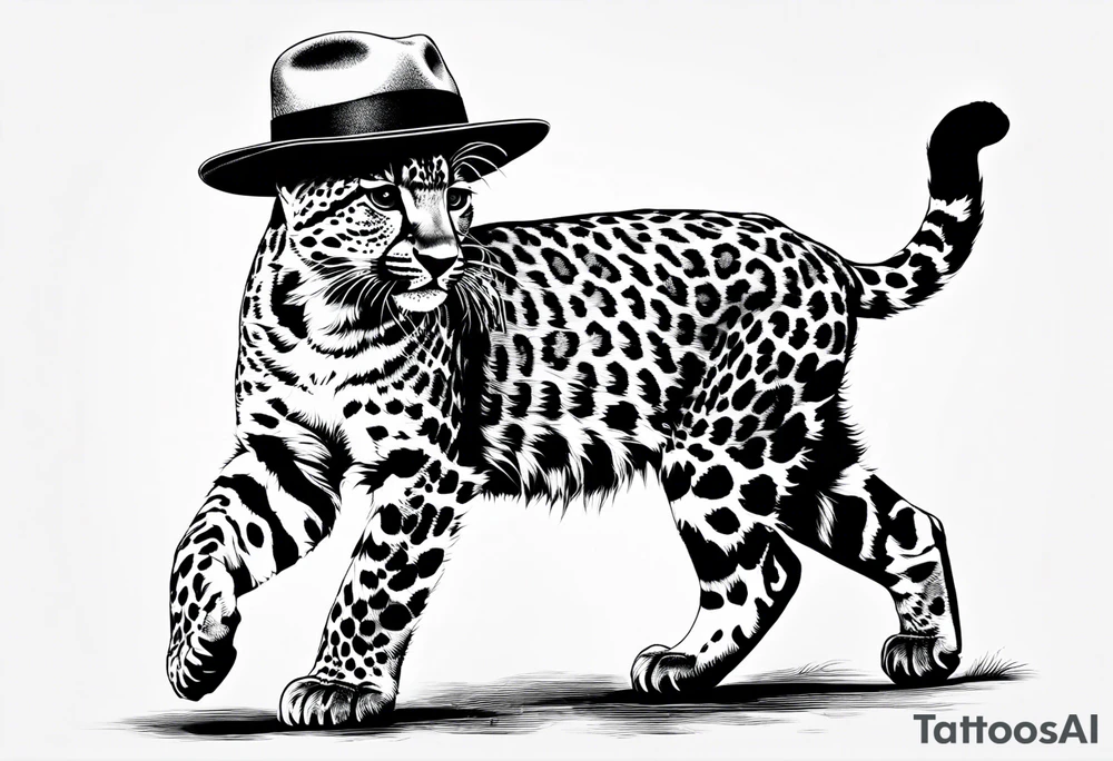 baby leopard walking with a straw hat. the leopard is walking tattoo idea