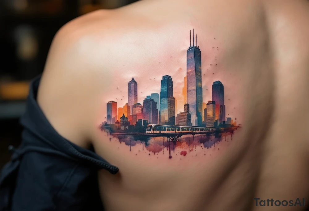 A Chicago skyline tattoo with the L train tattoo idea