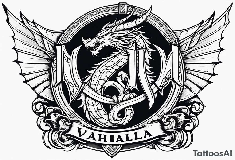 Valhalla sword shield dragon axe tattoo idea
