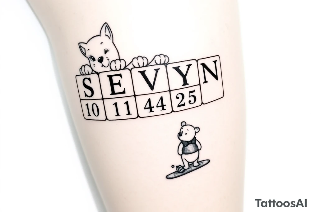 a thigh tattoo with alphabet blocks, but on the alphabet blocks, the name SEVYN is alternated on the sides of all five blocks and 07/14/25 is alternated on the sides of the blocks as well and on the top of the blocks Marie from the Aristocats peeking up looking showing her eyes, her bow on her head and her front pause and then on the bottom block then Winnie the Pooh standing on the ground, reaching up on the block for the honey that’s spilling off the side and on the left side not on the blocks to say 6 ounces 12 pounds 20 inches all lined up in a column going vertically starting with the 6 ounces 12 pounds and 20 inches in that order and then on the right side, not touching the blocks to say 3:51 AM. tattoo idea