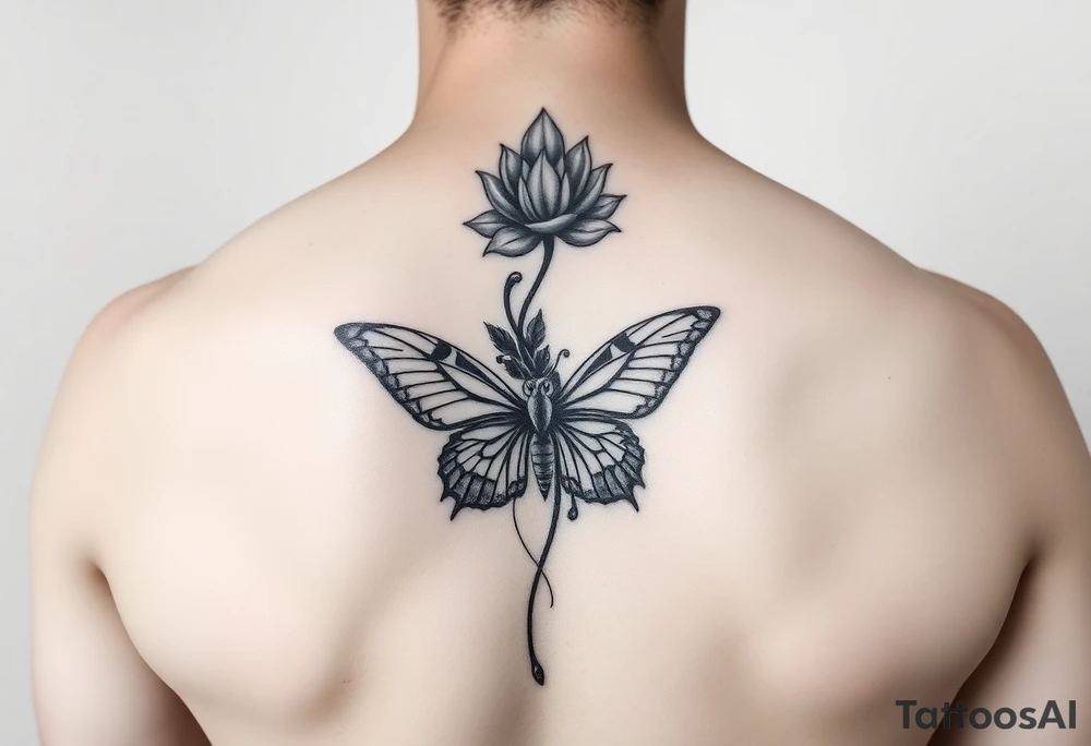 Elegant spine tattoo with lotus flower and butterfly with cracked wings mid back down tattoo idea