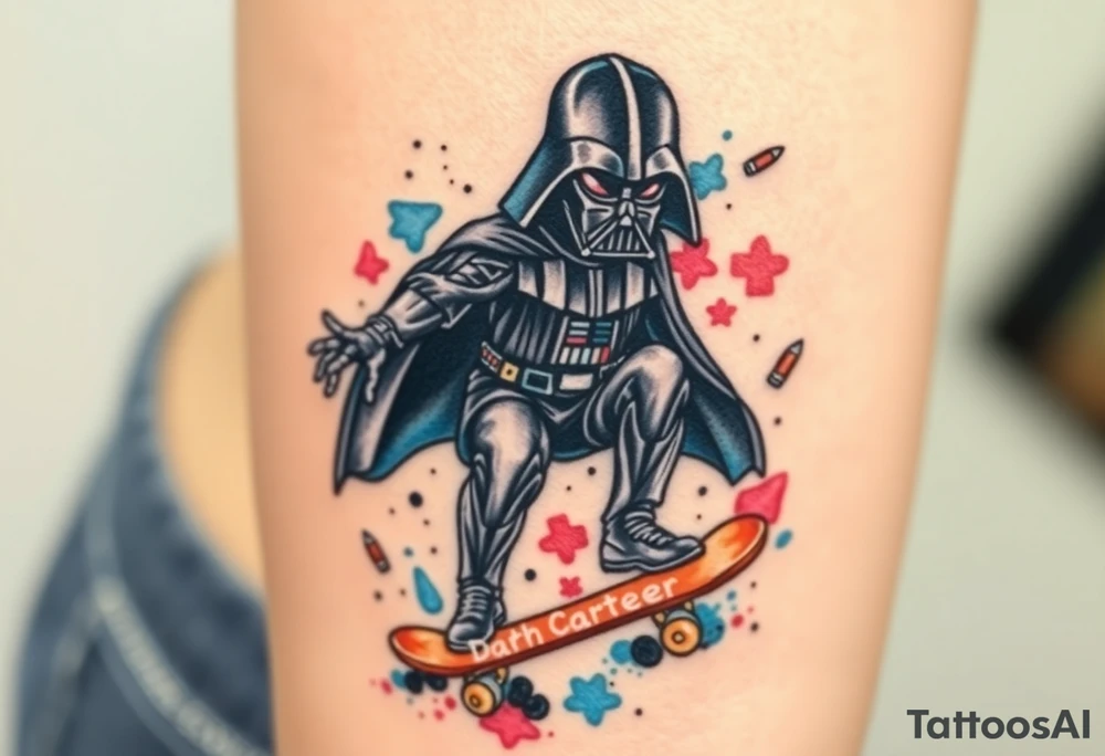 Darth Vader skateboarding > bullets > in loving memory > colors
add words "Darth Carter" to skateboard
add date 12/29/88-01/06/24 tattoo idea